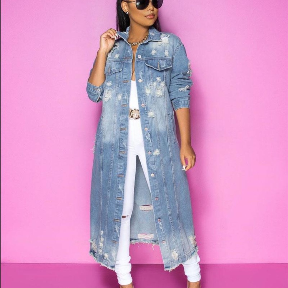 3xHP💝Women’s distressed denim maxi jacket sz sm - Picture 4 of 7